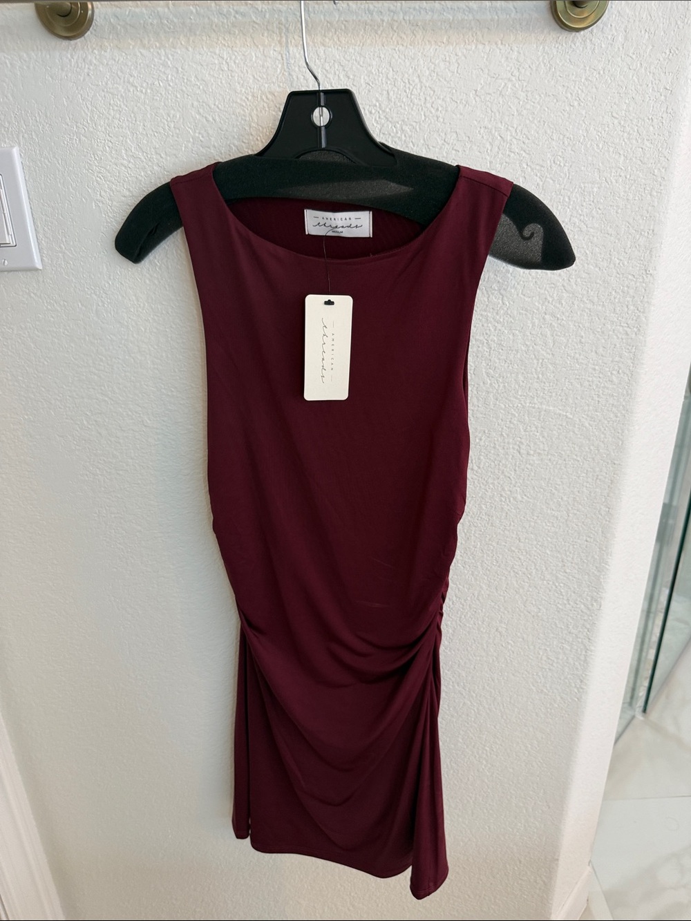 American Threads Sleeveless Ruched Midi Dress in Burgundy